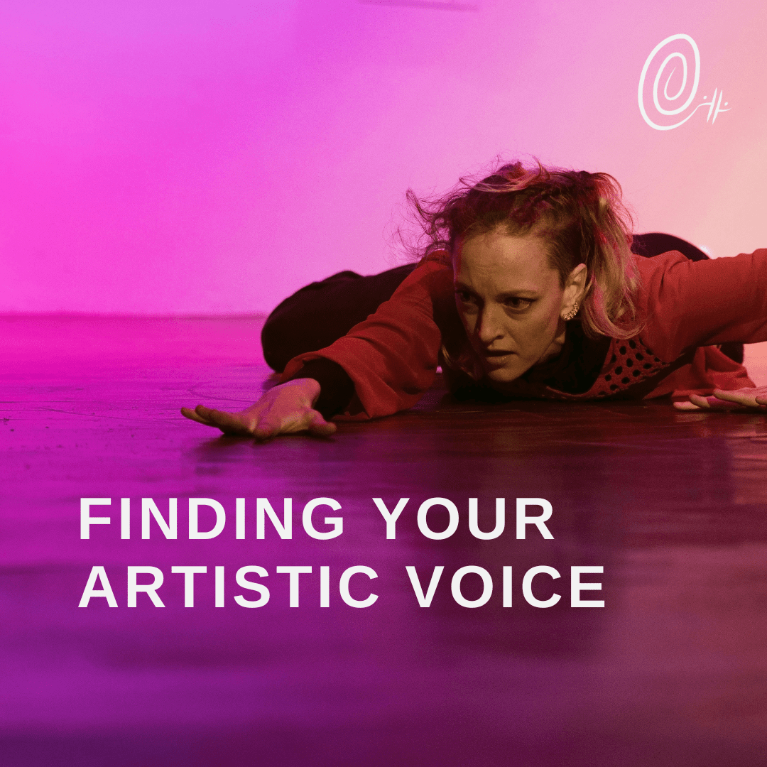 A dancer on the floor reaching towards something with a determined expression and the words "finding your artistic voice"