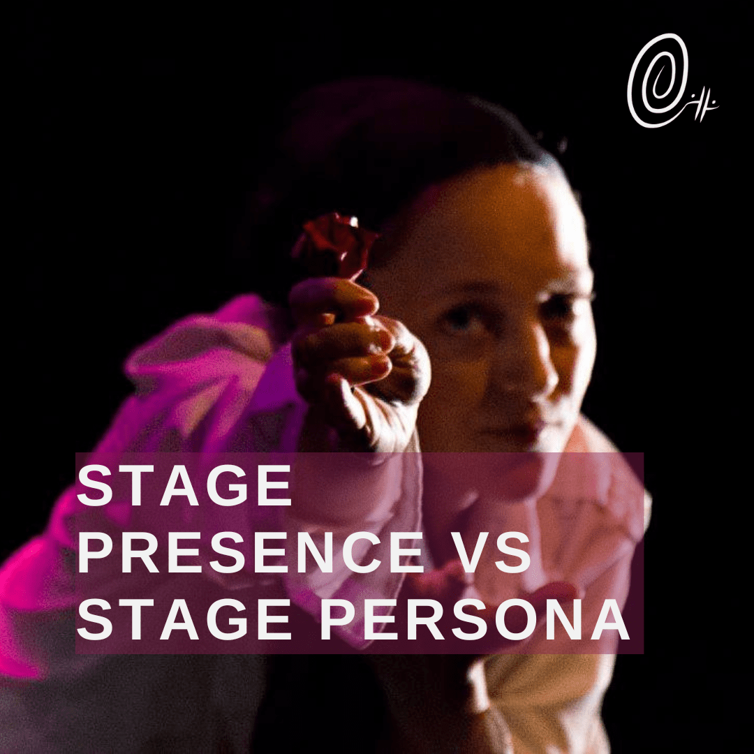 a dancer in a black skull cap and white shirt offering a paper rose to the camera with the words "Stage presence vs stage persona"