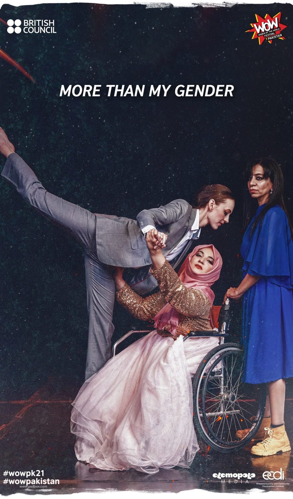 poster of more than my gender with three women, one in a wheelchair holding another in a pose and one standind behind